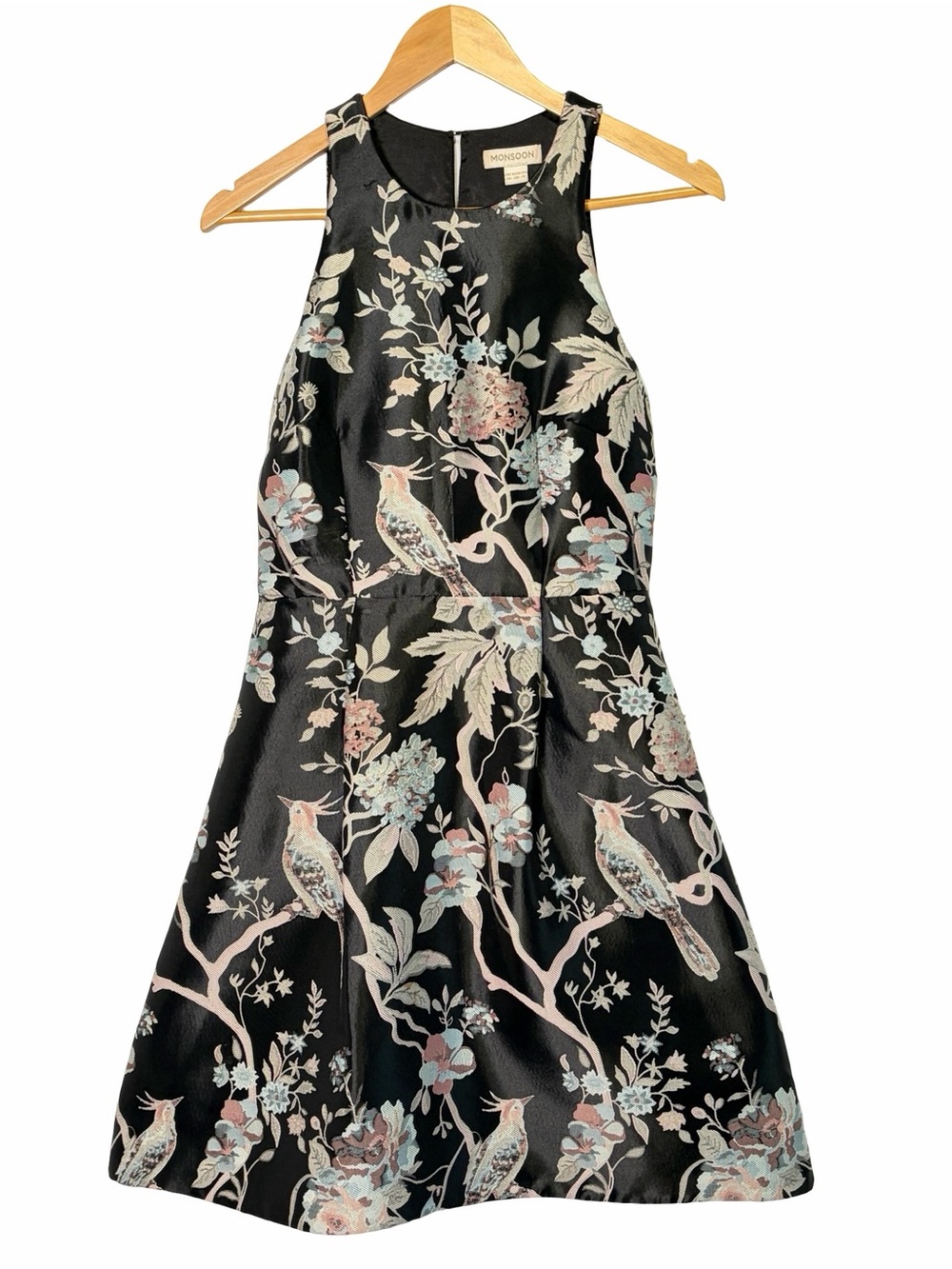 Monsoon Black Floral & Bird Print Halter A-Line Dress, US 6